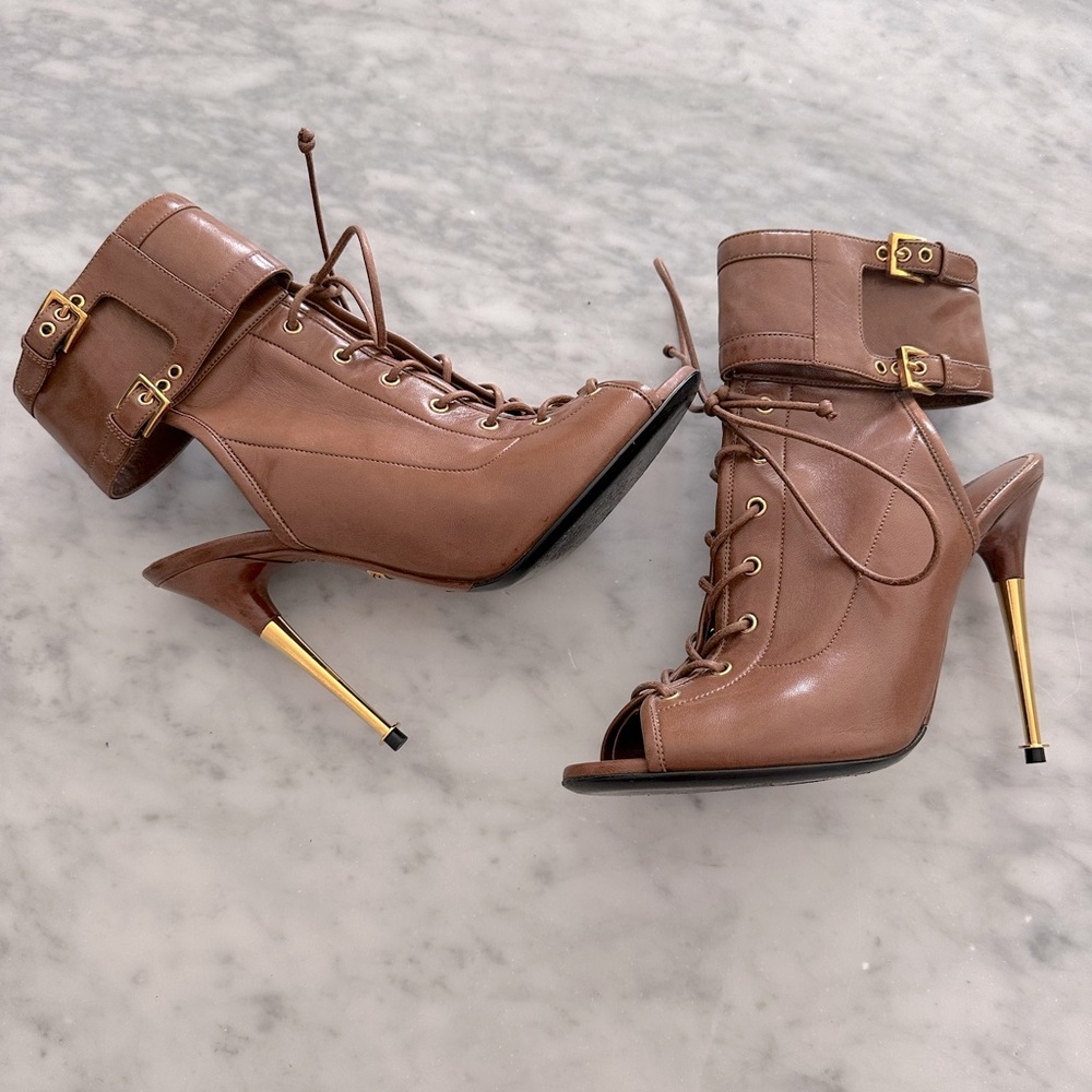 Tom Ford open toe heeled booties.